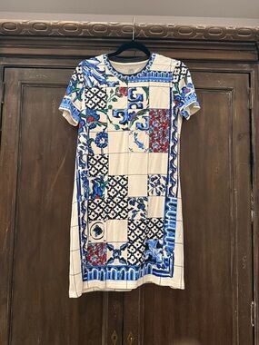 Tory Burch Blue, Cream & Red Patchwork Tile Short Sleeve Dress